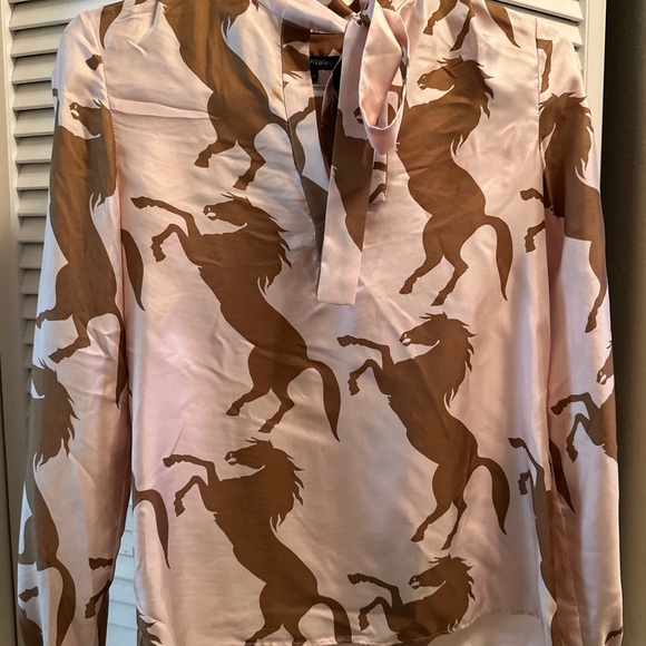 100% Silk Horse Print Long Sleeve Shirt Pink + Brown | Y2K Designer - Picture 9 of 12